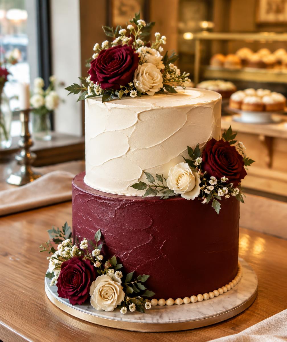 Burgundy and cream anniversary cake with roses