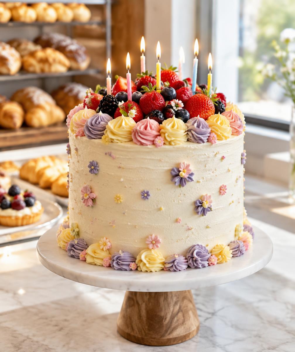 Colourful birthday cake topped with fruit and candles