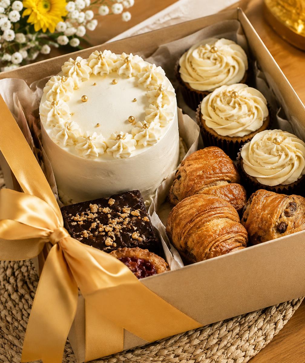 Gift box filled with cake and pastries