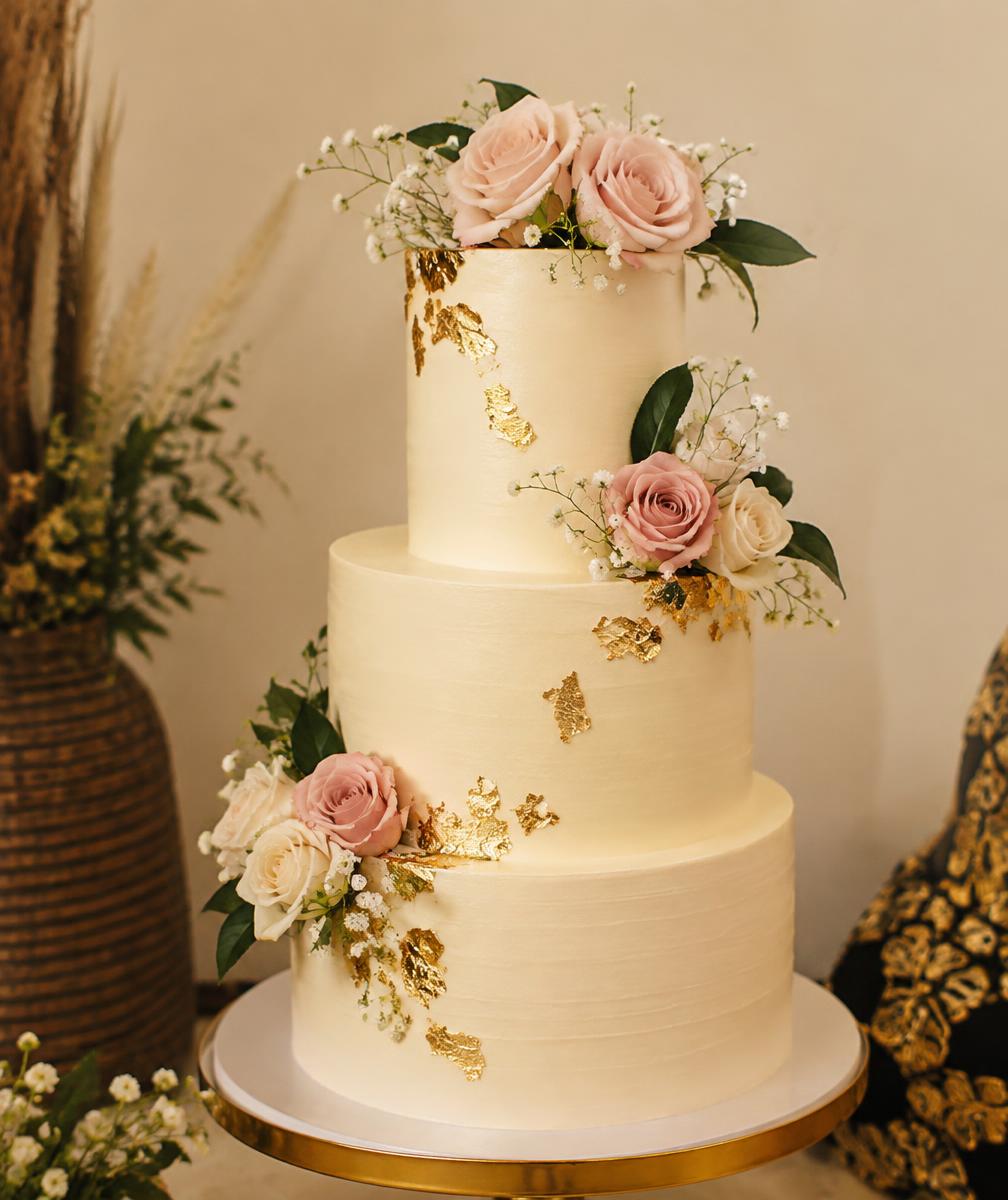 Elegant three-tier wedding cake with roses